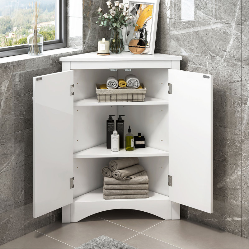 Triangle Bathroom Storage Cabinet With Adjustable Shelves, Freestanding Floor Cabinet For Home Kitchen, White