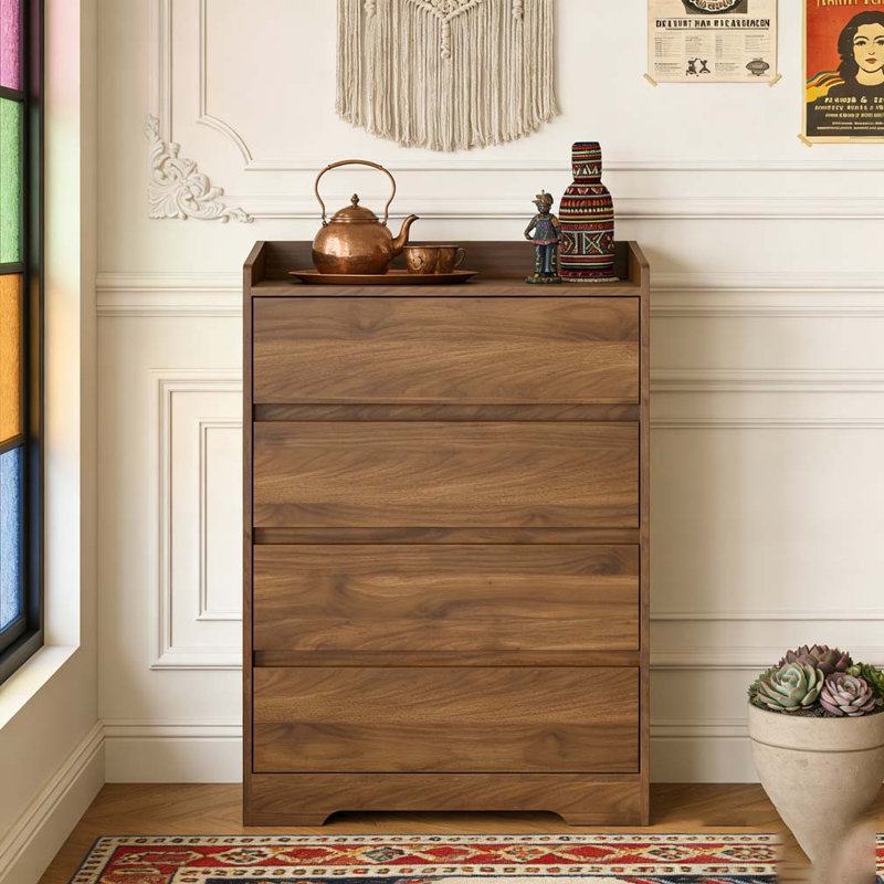 4 Drawer Dresser, Chest of Drawers Without Handle, Brown