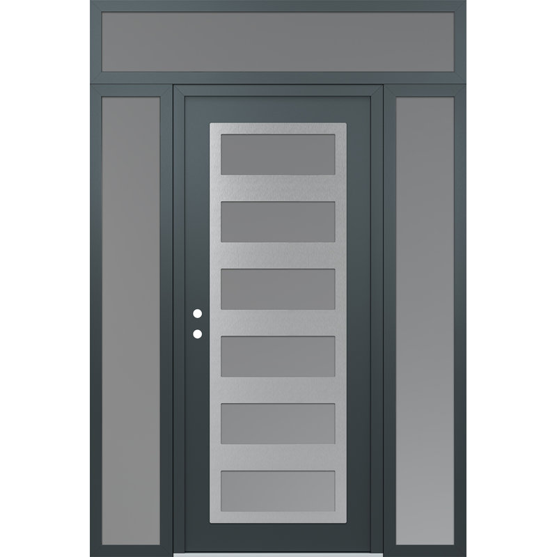 C9 à droite 64 po X 96 po Panneau en acier argenté anthracite et verre givré anthracite avec 2 portes d'entrée latérales et porte avant en verre givré