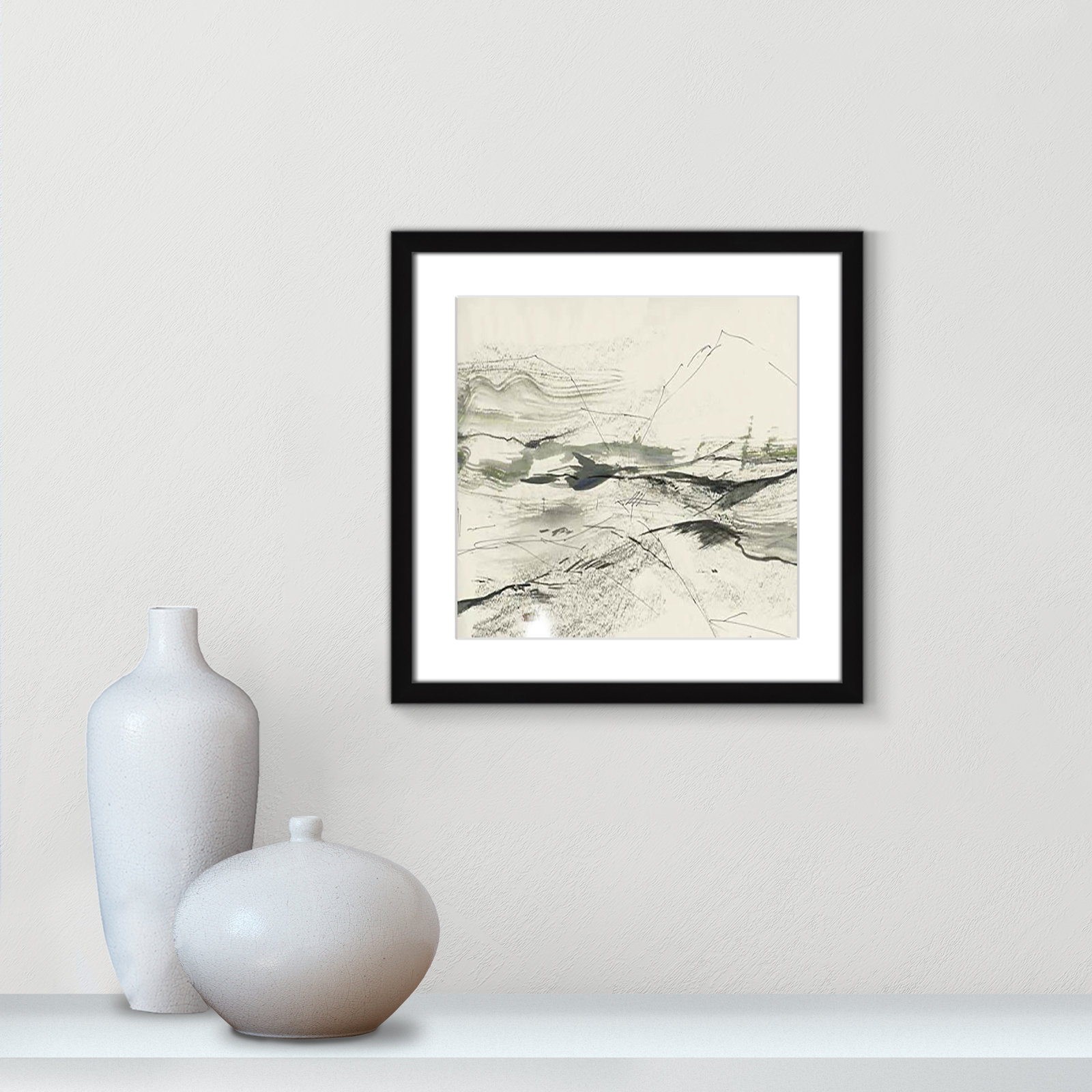 Green Sketches Print, 17" H x 17" W x 1.25" D, Black Box Framed