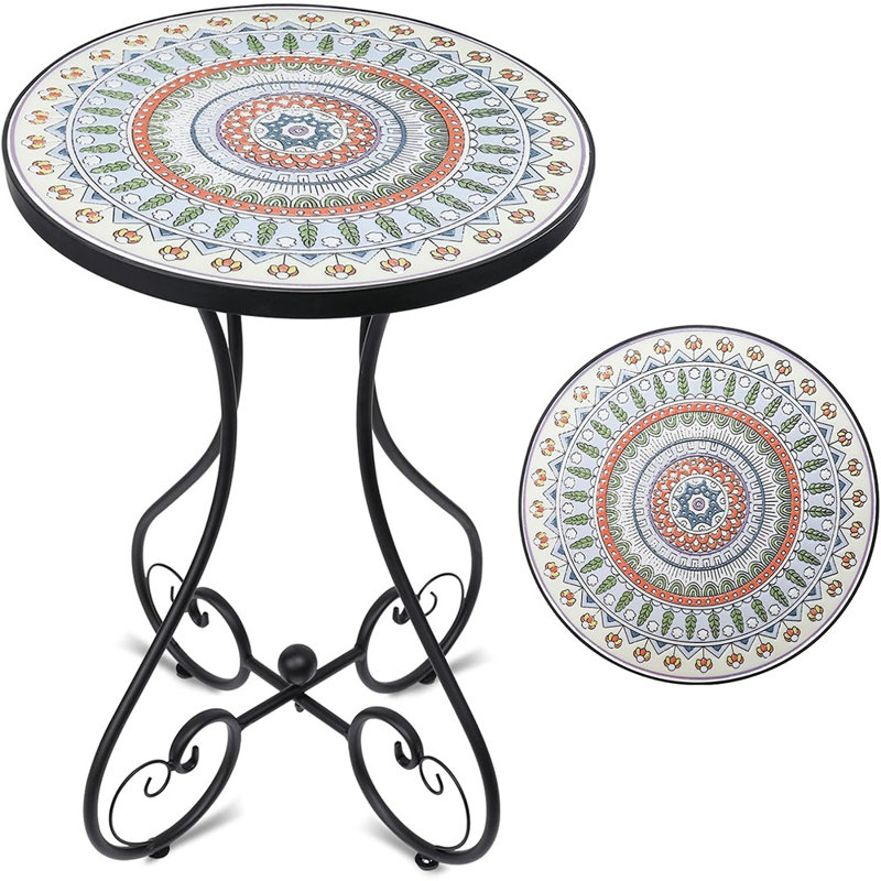 Table d'appoint ronde ronde en mosaïque avec plateau en céramique de 14 po, table d'appoint de patio antirouille pour une utilisation intérieure et extérieure dans la cour, le jardin, le salon, le bistro et le balcon, vert (transparent)