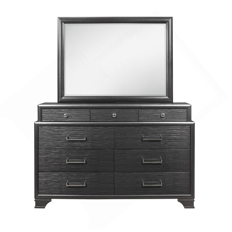 Commode horizontale en bois manufacturé avec 9 tiroirs, Gris
