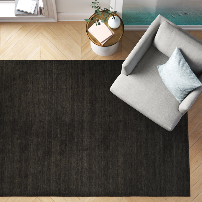 Tapis gris anthracite en laine et en coton tissé à la main Ewen, Rectangle 3 pi x 5 pi