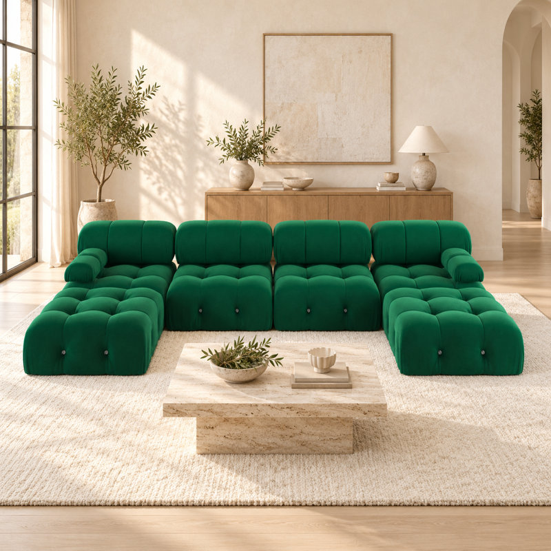 Canapé et chaise longue modulaire réversible avec repose-pieds en velours de 138,6 po Jesse, Velours vert