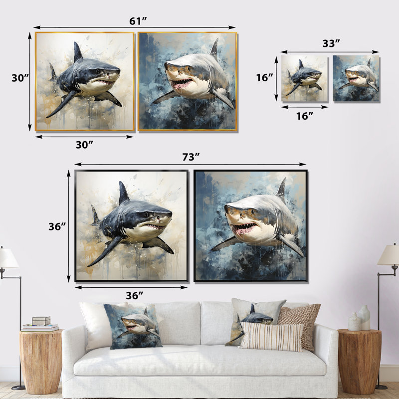 Grey Shark Shadows I - Coastal Animal Wall Art Prints Set Of 2, 30" H x 61" W x 1" D, Brown Floater Framed