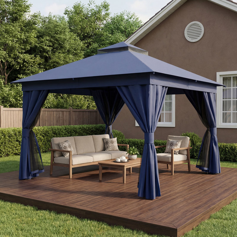 Yardgrace 12'x12' Soft-top Double-Roofed Steel Patio Gazebo, Navy
