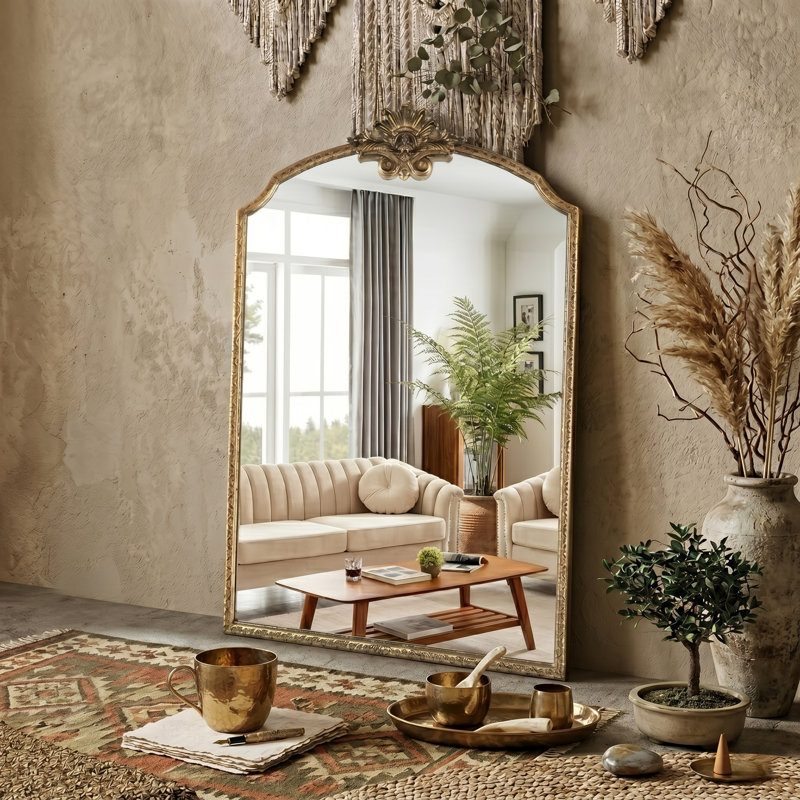 Lindon Arched Iron Wall Mirror, 30" x 20", Antique Gold
