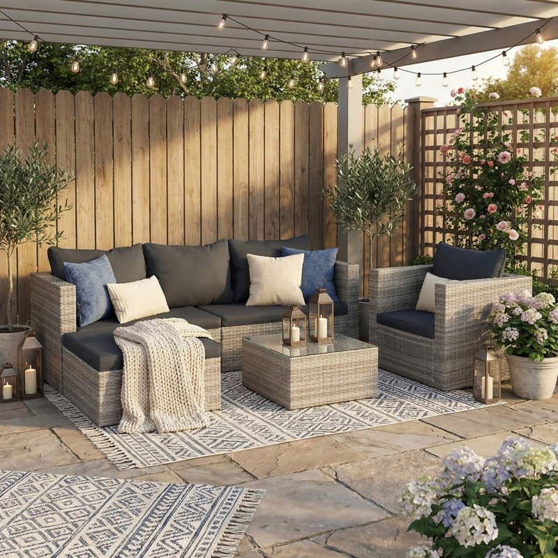 Ensemble de meubles de patio en rotin 4 pièces, ensemble de canapé modulaire rembourré en osier, ensemble de conversation pour patio