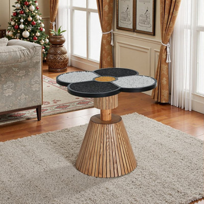 Compact Four-Leaf Clover Shape Accent Side Table With Textured Surface And Wood-Grain Base