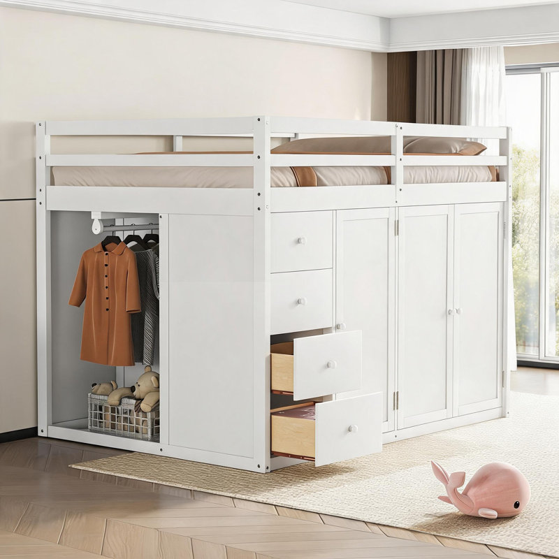 Lit mezzanine double en bois massif blanc Crisp avec rangement intégré pour chambre à coucher