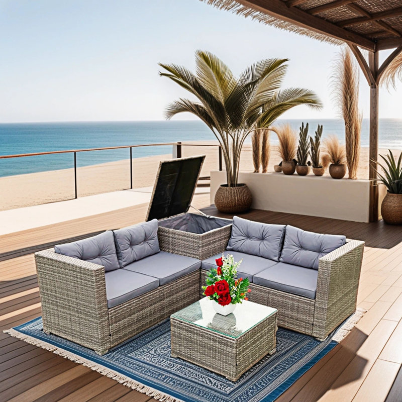 Ensemble de canapé modulaire d'extérieur 4 pièces avec boîte de rangement, Gris