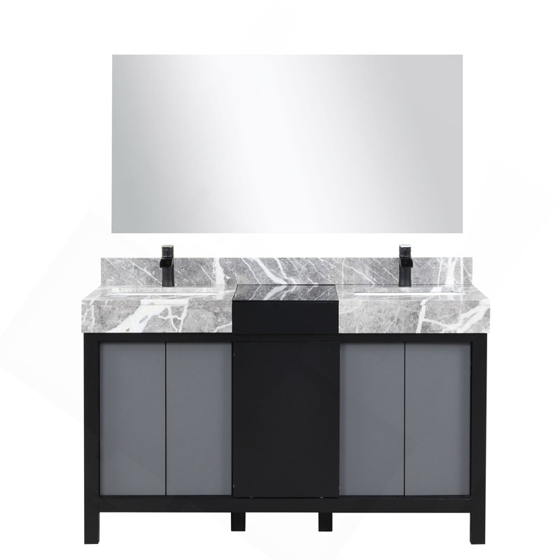 Meuble-lavabo double noir et gris 55 po X P 22 po D, dessus en marbre gris château, ensemble de robinets noir mat et 53 po Miroir