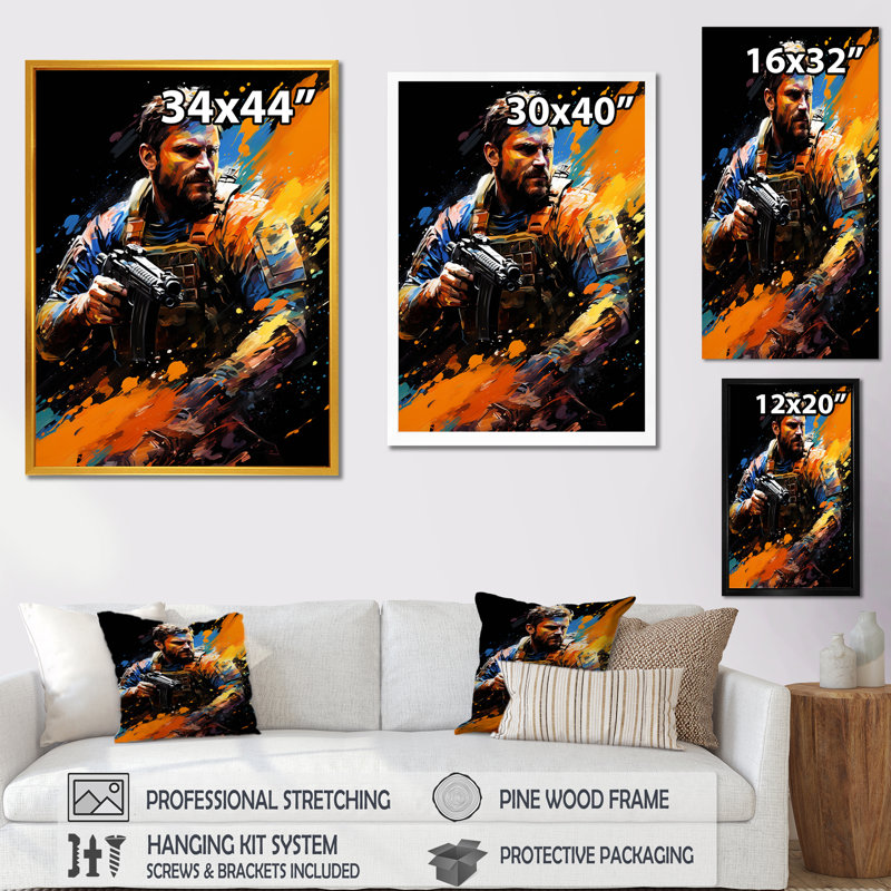 Portrait de soldat - Art mural militaire, Cadre simple noir, H 40 po x l 30 po x P 1,5 po