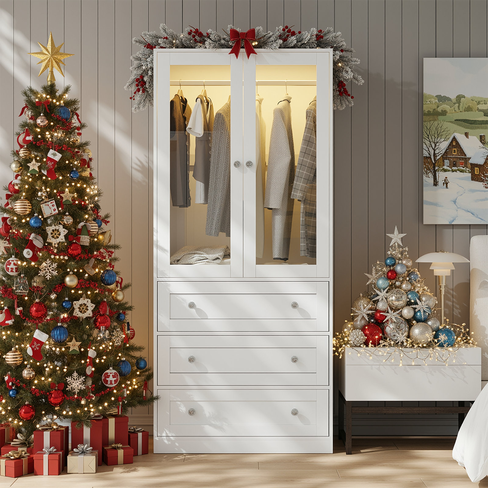 Ebern Designs Wardrobe Closet With Drawers And Light, 75" Armoire With ...