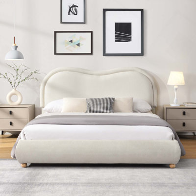 Base de lit en chenille avec tête de lit courbée et lattes de bois sans sommier
