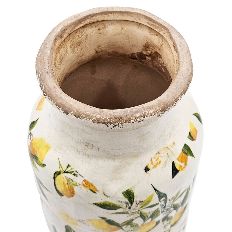 Vase en céramique blanche avec motif jaune citron, H 14,8 po x l 6,3 po x P 6,3 po