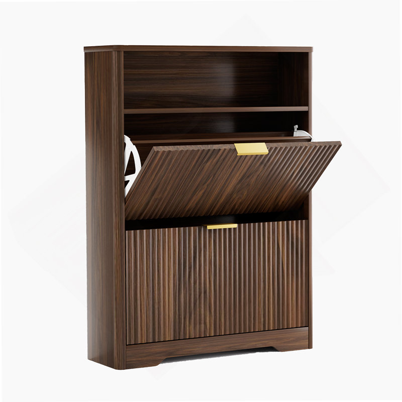 Free Standing Shoe Storage Cabinet  With 2 Flip Drawers For Entryway, Walnut