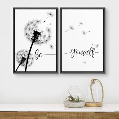 Dandelion " Be Yourself - Black and White Dandelion Floral Botanical Wall Pictures Modern Minimalist Decor " 2 Piece Art Print