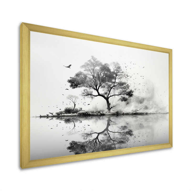 «Gray White Minimalisme Tree Ink Harmony II» sur toile imprimée, H 12 po x l 20 po x P 1 po, Encadrement doré
