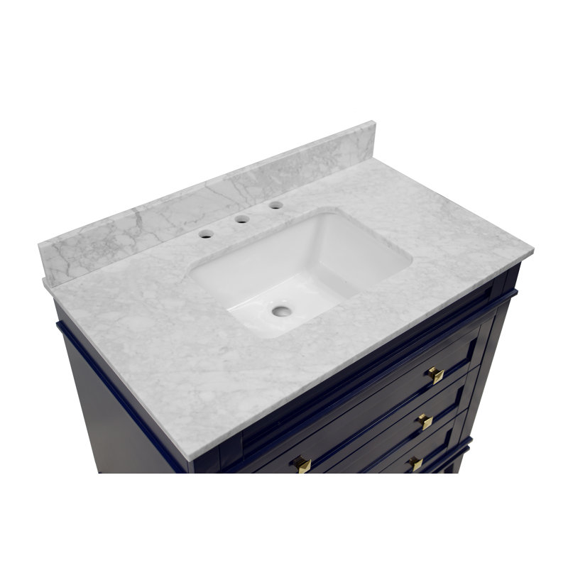 Meuble-lavabo simple 36 po avec armoire bleu royal et comptoir en marbre de Carrare Whitman, Marbre de Carrare, Bleu royal