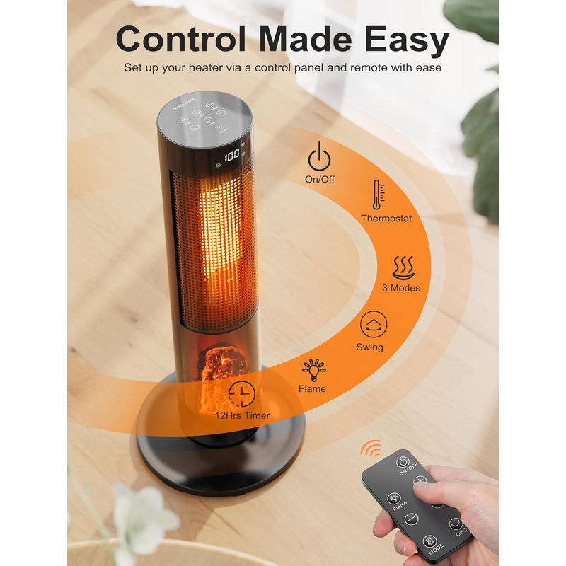 Nordic Hygge 1500-Watt Electric Tower Oscilating Space Heater with Digital Display, Timer and Remote Control
