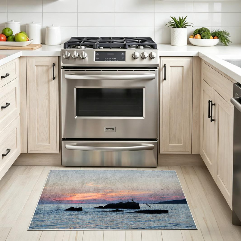 Tapis bleu lavable à la machine Big Rock Sea, Rectangle 32" x 47"
