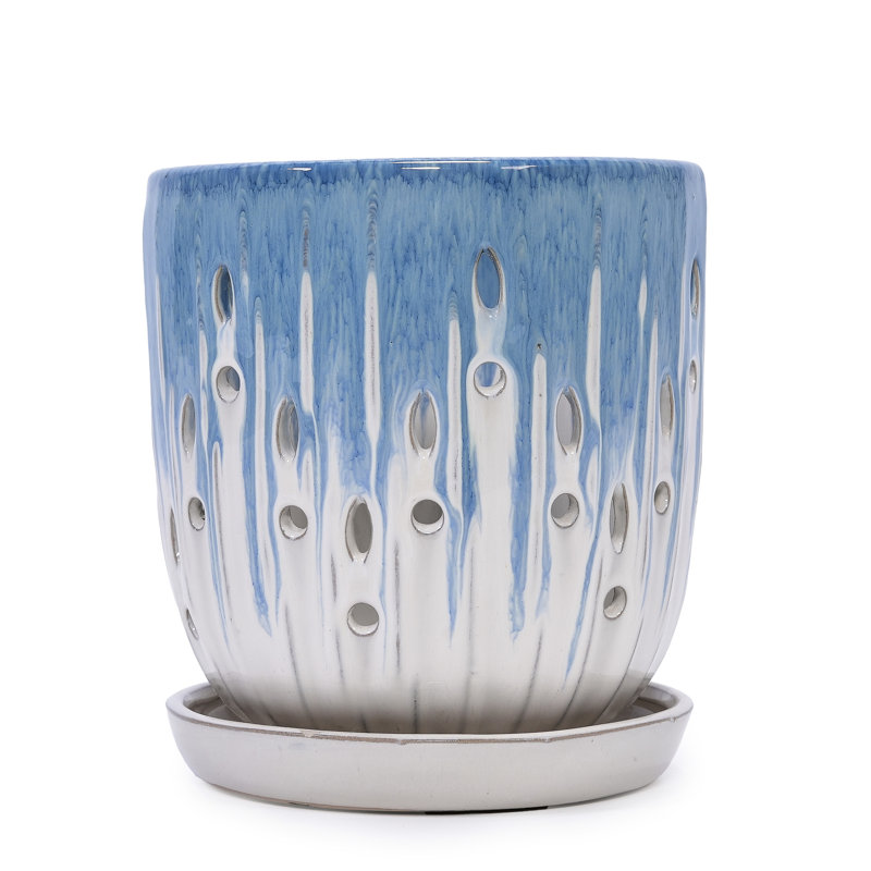 Handmade Blue-White Gradient Ceramic Planter Set (7.48"×8.07" & 5.51"×6.1"), Indoor/Outdoor Flower Pot For Orchids, Succulents On Windowsill, Breathable With Drainage Holes