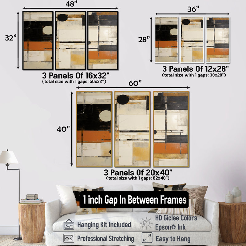 Modernisme orange noir beige - ensemble de décoration murale abstrait, Cadre flottant doré, H 40 po x l 60 po x P 1 po