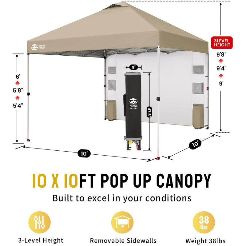 CROWN SHADES 10 Ft. W x 10 Ft. D Steel Pop-Up Canopy with Center Lock, Storage Pocket Sidewall, and Carry Bag, Beige, Beige