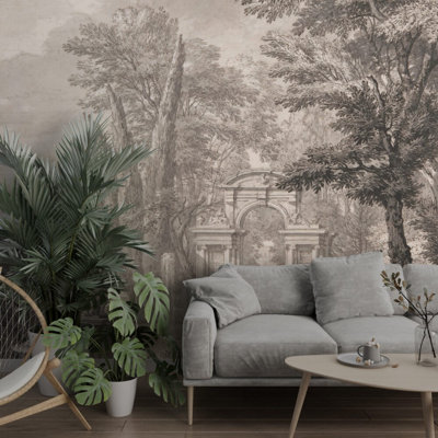 Panneau mural de jardin gris gravé classique | Papier peint paysage de fontaine rétro noir et blanc | Non-tissé ou pelez et collez