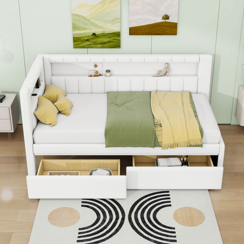 Twin Upholstered Daybed Bed with 2 Drawers, USB Ports and LED Belt, White