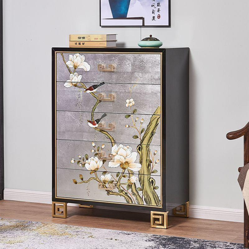 Painted Five-Drawer Silver Foil Accent Cabinet