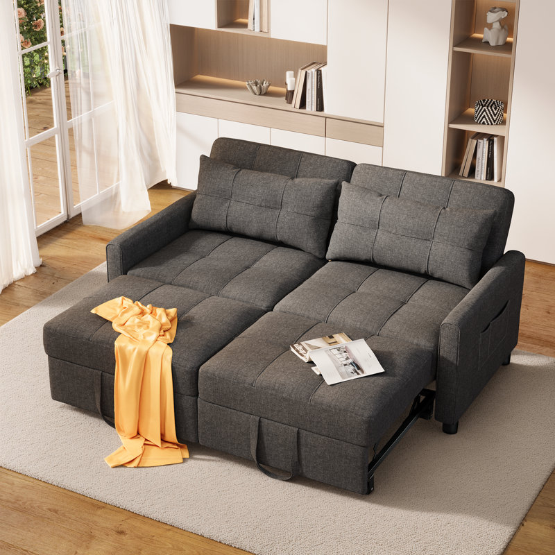 Pull-Out Sleeper Sofa with Reversible Separate Ottoman, Convertible Upholstered Sofa Bed with Adjustable Backrest, Space-Saving L-Shaped Couch for Apartment & Office