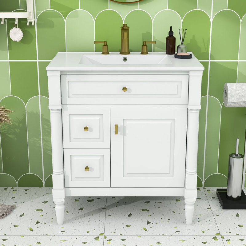 Meuble-lavabo autoportant élégant avec lavabo en céramique, grand rangement et tablette réglable, Blanc, 30"
