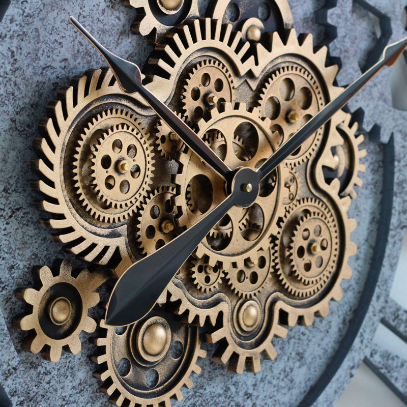 Oversized Brown and Gray Wood Industrial Wall Clock with Moving Gears