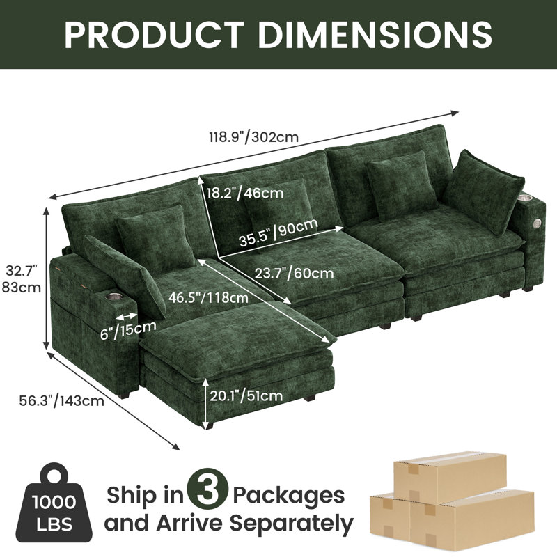 Canapé modulaire Modern Cloud Couch, modulaire avec bras de rangement et port USB pour le salon, Chenille verte