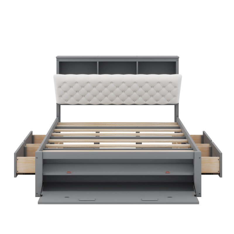 Grand lit plateforme en bois avec tête de lit, étagère à chaussures et tiroirs, Gris