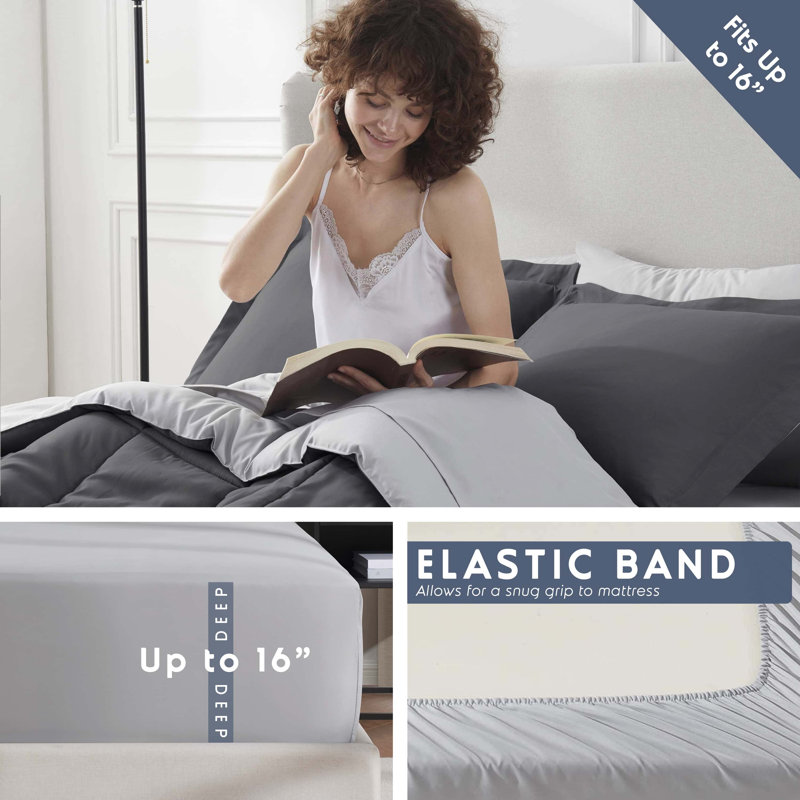 Bed-in-A-Bag Reversible Comforter Set with Bed Sheets, Dark Gray, Queen Comforter + 7 Additional Pieces