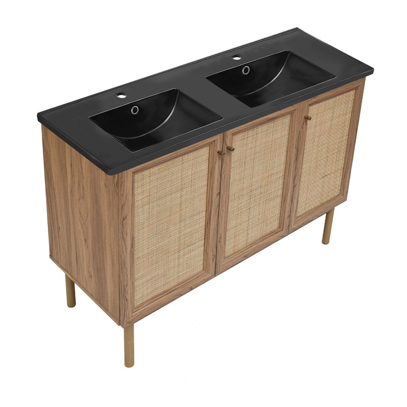 Classe 48 In. Brown Oak, Double Basin Bathroom Vanity With Black, 3-Hole Ceramic Sink Top, Single-Hole, Matte