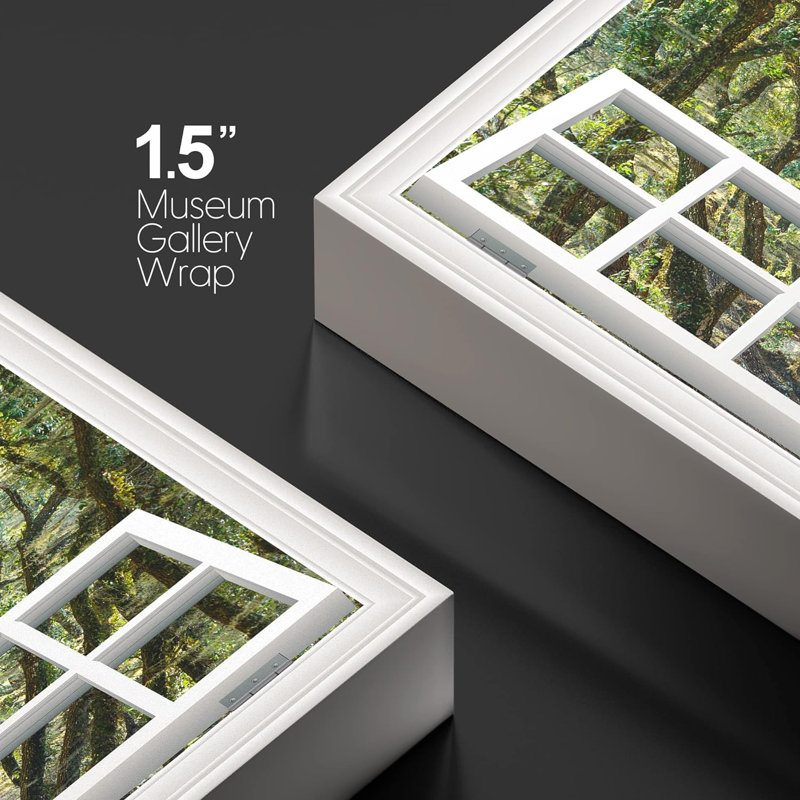 Window Scenery " Modern White Window Looking Out Into A Road With A Tunel Of Trees ", 24" H x 36" W