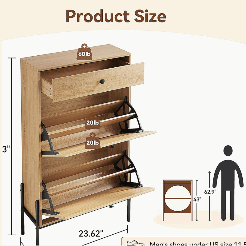 2-Door Shoe Storage Cabinet with Rattan Fronts & Drawer, Freestanding Entryway Organizer with Adjustable Shelf