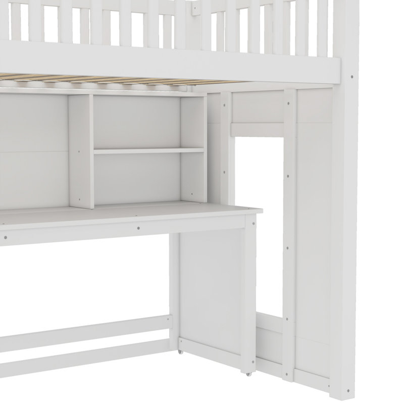 Lit mezzanine simple en bois massif avec bureau mobile et tablettes, Simple, Blanc