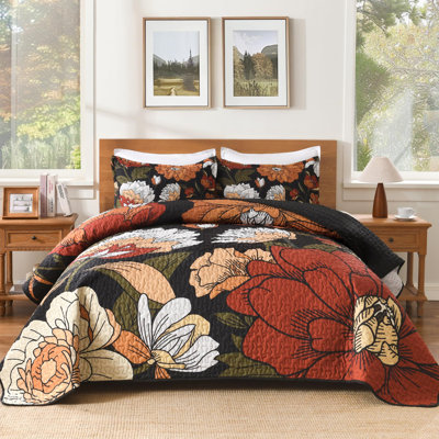 Andency Floral Boho California King Quilt Bedding Set Black, 3 Pieces Farmhouse Flower Botanical Summer Oversized King Bedspreads, Soft Reversible Lightweight Microfiber Coverlet Set, 104"x112"