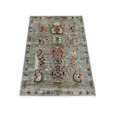 2 pi 9 po x 3 pi 10 po gris pierre, tissage dense, laine douce, colorants végétaux, sultan afghan avec motif intégral, noué à la main, échantillon, tapis, tapis oriental