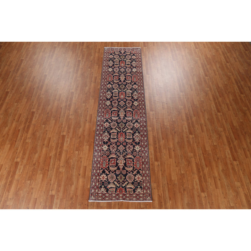 Tapis de couloir turc floral bleu marine / rouge / ivoire / vert clair noué à la main de conception unique 2 pi 11 po x 11 pi 8 po Ziegler