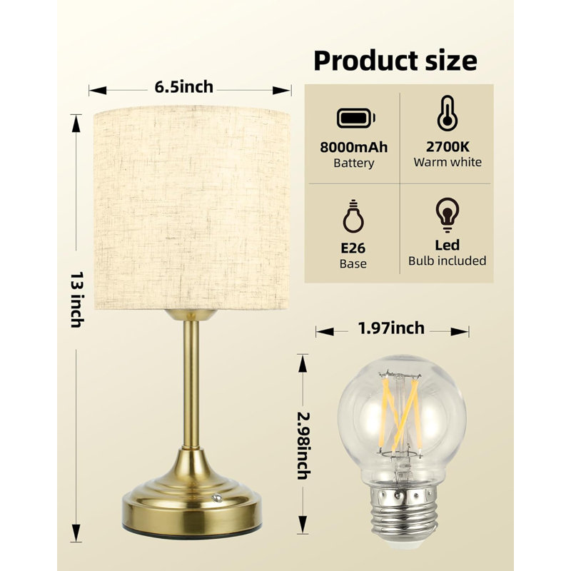 Lampe de table à DEL sans fil 13 po avec pile rechargeable 8 000 mAh et abat-jour en tissu