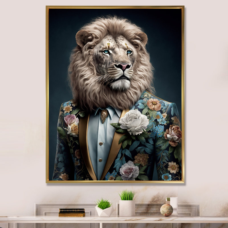 Glamour mode lion avec costume de fleurs - animaux lion, art mural salon, H 20 po x l 12 po x P 1 po, Cadre flottant doré