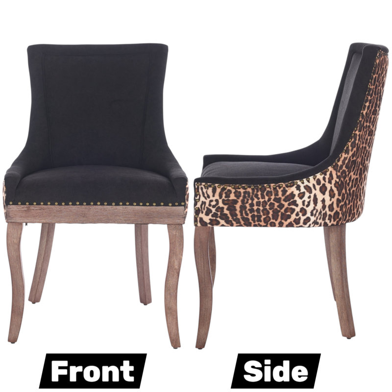 Thickened Fabric Upholstered Wooden Nailhead Dining Chair, Black Leopard, 2, Brown