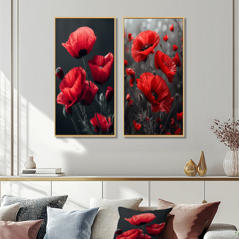 Rouge, noir, coquelicots, monochrome, charme I - coquelicots, ensemble de 2 pièces d'art mural, H 32 po x l 32 po, Érable