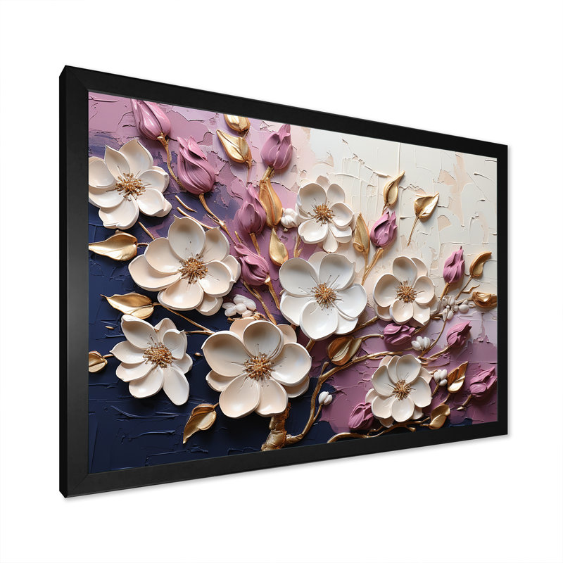 Fleurs de pavot blanches et mauves - Art floral abstrait sur toile, Cadre d'angle fermé noir, H 12 po x l 20 po x P 1 po